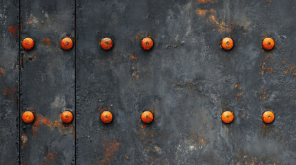 Dark Grey Metal Panel with Orange Rivets and Rust