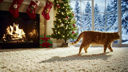 Ginger cat walking on christmas carpets in cozy living room with winter window view