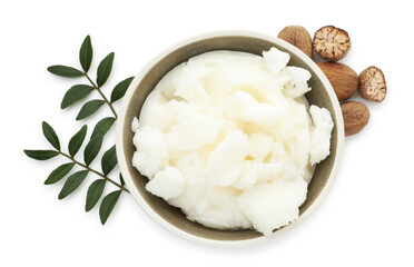 Natural shea butter isolated on white, top view