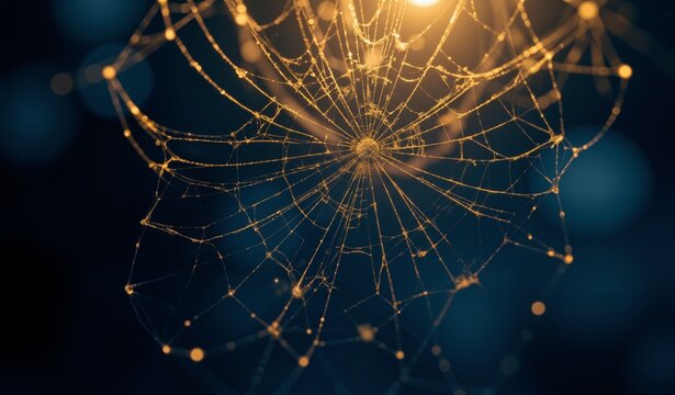 Golden Spiderweb Suspension in Indigo – Delicate Light, Heat Shimmer, Quiet Luminosity