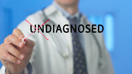 Doctor is crossing out the word undiagnosed with red marker on a transparent screen, symbolizing successful diagnosis and treatment of disease