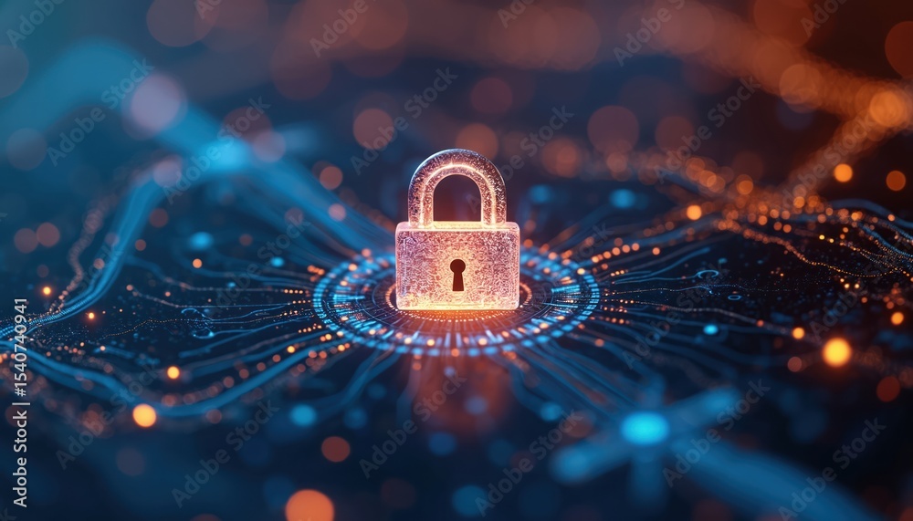 Poster cybersecurity concept. digital padlock, encryption. futuristic optics, blue, orange bokeh spots back