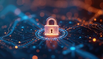 Cybersecurity concept. Digital padlock, encryption. Futuristic optics, blue, orange bokeh spots background. Computing systems protection network security. Data privacy tech, innovation, digital