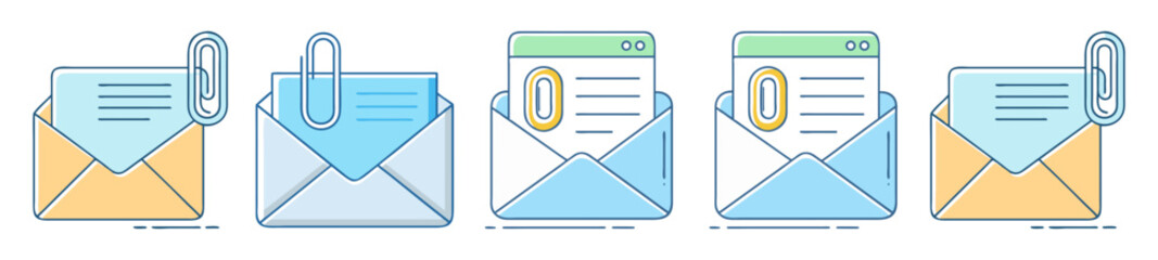 Assortment of flat vector style email icons with paperclip attachments