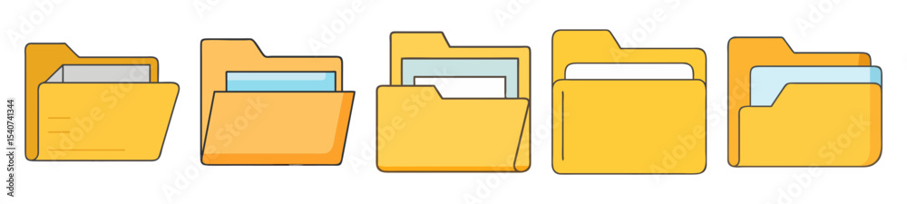 Poster five file folder icons showing document management and digital organization concepts