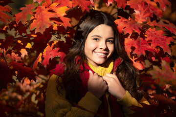 Autumn kid girl face in autumn fall leaves outdoor. glad kid standing at beautiful autumn leaves
