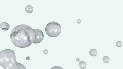 Abstract 3D horizontal flying flowing white green marble bubbles liquid reflection sphere connection render picture monochrome light backgrounds harmony elegance fashion trendy brand advertisement