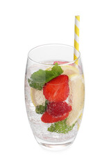 Tasty refreshing drink with strawberries, lemon and mint isolated on white