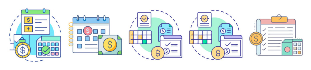 Financial Planning, Budgeting, and Analysis with Calendar, Spreadsheet, Checklist, and Currency Icons
