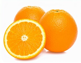 Three ripe oranges isolated on white background, one sliced open