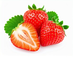 Three ripe strawberries and a half strawberry isolated on white background