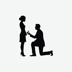 Elegant black and white silhouette of a man proposing on one knee to a woman in heels. Perfect romantic vector for love, engagement, or wedding-themed designs.