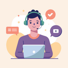 Cartoon agent with a headset types on laptop, surrounded by chat icons