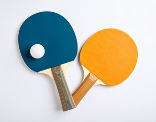 Yellow and Blue Table Tennis Paddles with a White Ball on white background 