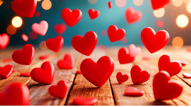 Red hearts dance and fall onto a rustic wooden surface, glowing softly against a teal backdrop - Powered by Adobe