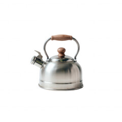 A sleek stainless steel kettle with a wooden handle, designed for modern kitchens. Perfect for boiling water or preparing tea, showcasing both functionality and aesthetic appeal.