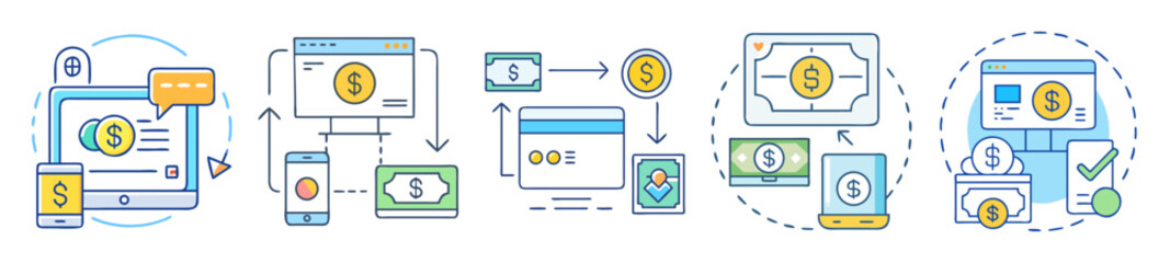 Illustrations depicting the flow of digital and mobile money transactions and payments