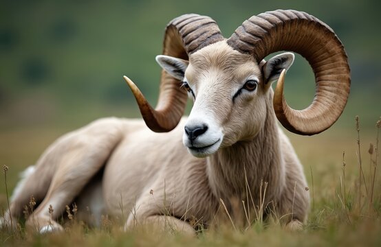 Ram rests ground. Magnificent horns, spiral shape. Wildlife animal outdoors, peaceful rural scene. Breeding farm animal. Lying on grass, calm face, looking camera. Close up shot.