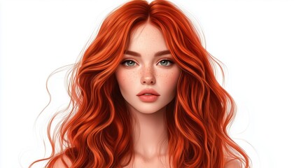 Fototapeta premium Stylish Woman With Red Wavy Hair: A Portrait Of Fashion And Elegance. Rich Auburn Locks On A Fashionable Girl'S Head.