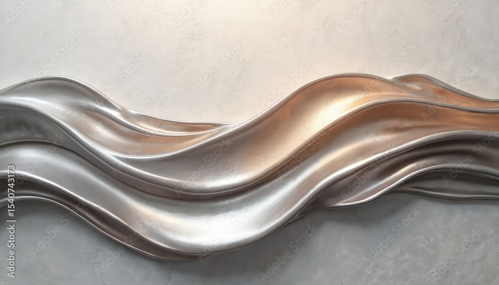 Poster abstract metallic waves flow across textured neutral background. flowing curves, modern art design, 