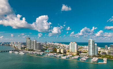 Miami Beach aerial view with skyline. Miami from above. Miamis famous landmarks. South Pointe beach...