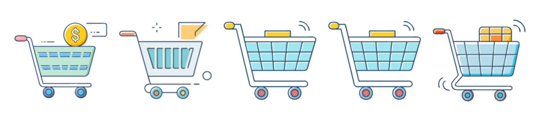 Five stylized shopping carts showing various stages of the purchasing process