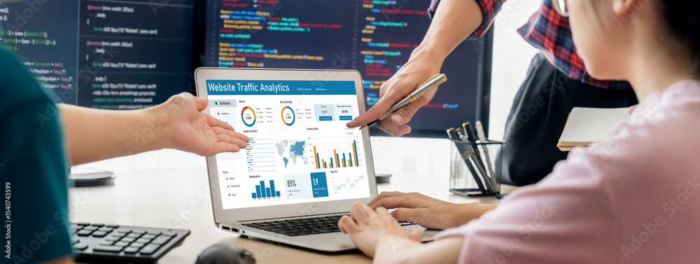 Poster computer software for website traffic analytics data on computer screen. concept of seo search engin