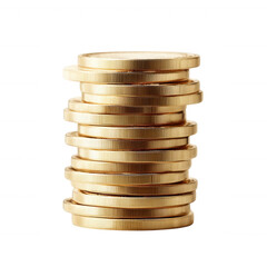 A stack of shiny golden coins isolated on a white background, symbolizing wealth, prosperity, and investment opportunities.