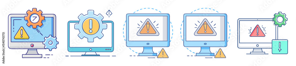Aufkleber various stylized desktop computer illustrations each displaying an error warning message