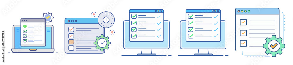 Poster digital checklist applications on laptop and computer screens illustrating task management