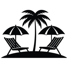 Black Silhouette of Tropical Island with Palm Tree, Beach Chairs, and Umbrellas