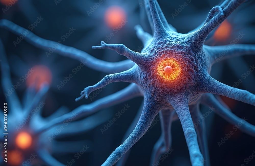 Poster Illustration neuron structure with glowing core, neural network. Science tech concept, neurological study, neurobiology, brain cells, synapses, dendrites, central nervous system, Alzheimer disease.