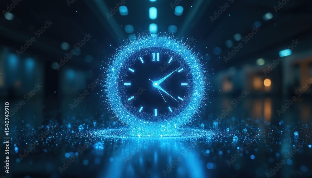 Aufkleber Surreal digital clock melts into glowing data stream. Symbolizes rapid modern life, fast-paced acceleration of time against futuristic backdrop. Dynamic concept, visionary image for tech.