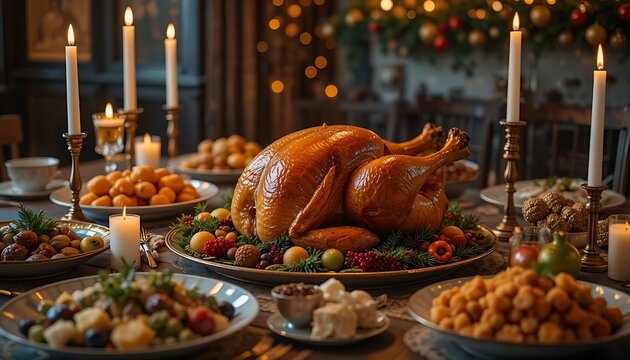 An inviting and joyous setting, complete with a succulent roast turkey, holiday food, flickering candles, and warm hues.