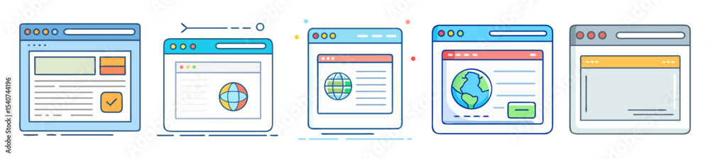 Poster cartoon web browser windows representing different websites and web pages styles