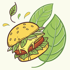 Modern food illustration of a fresh, healthy, and colorful cartoon burger with leafy greens vector