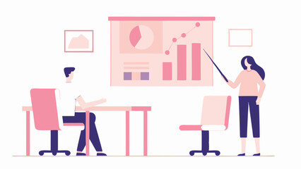 Presentation scene with a woman pointing to a chart and a man sitting at a table attending the meeting