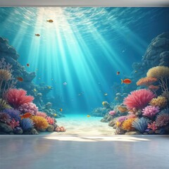 Naklejka premium Underwater room interior design with coral reef, fish wall mural. Illustration features vibrant sea life scenery sun rays, fish, coral, creating aquatic atmosphere. Ideal for home decor, wallpapers,