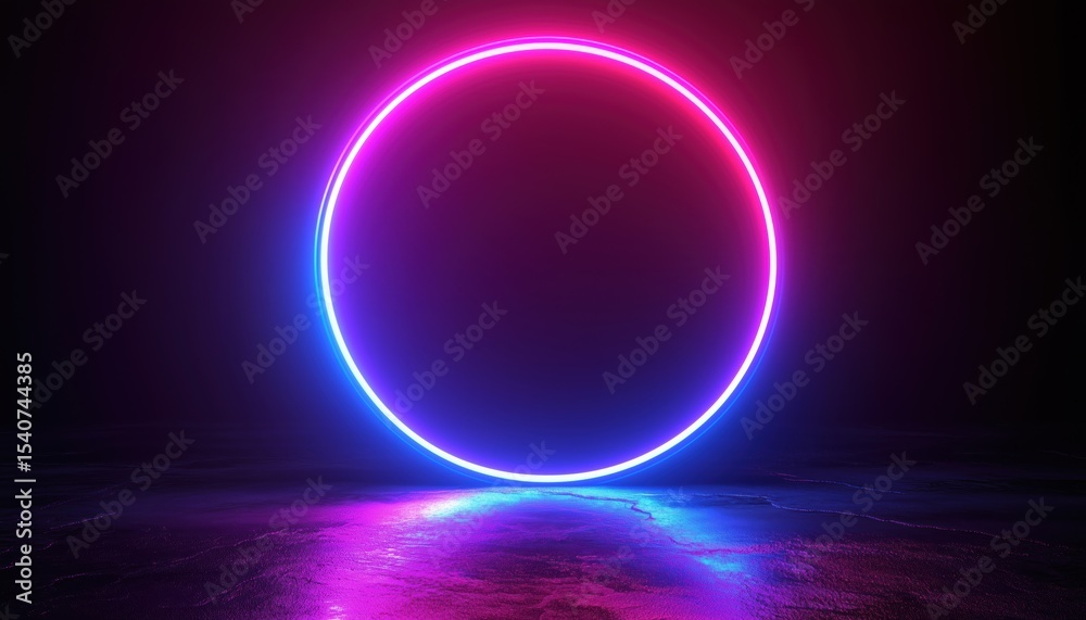 Poster glowing neon double round frame with shining effects on dark background - empty techno backdrop with