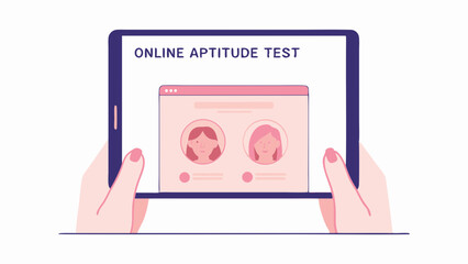 Hands holding a tablet displaying an online aptitude test interface with two female profile pictures shown