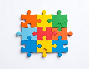 Fototapeta premium Colorful Interlocking Jigsaw Puzzle Forming a Complete Square on white background 