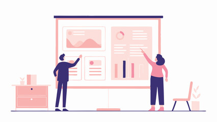 Fototapeta premium People presenting data on a presentation board with charts and graphs in a light and airy office space