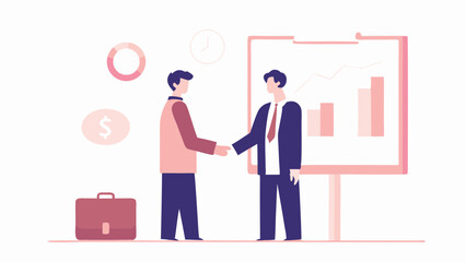 Two businessmen shaking hands in agreement before a presentation board with charts and graphs