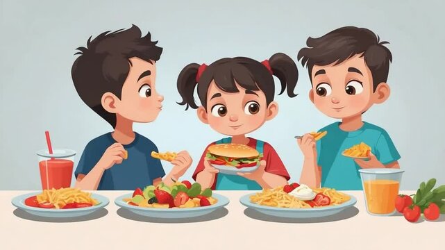 Cartoon Children Enjoying Diverse Meals Together at a Table, Illustrating Healthy Eating Habits and Childhood Nutrition