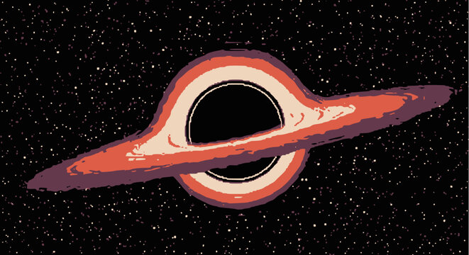 A pixel art depiction of a black hole with an accretion disk against a starry background.