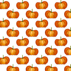 Seamless pattern pumpkins for autumn harvest, Halloween, and Thanksgiving design. For greeting cards, posters, flyers, banners for fall festivals and farmers’ markets, packaging, textile design