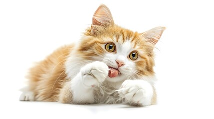 Obraz premium Playful Ginger Cat Grooming Its Paw on White Background