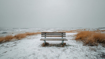 Wooden Bench in Snow Covered Landscape