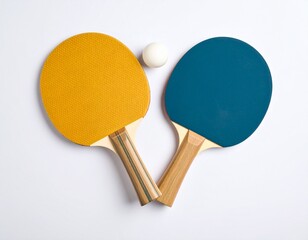Yellow and Blue Table Tennis Paddles with a White Ball on white background 