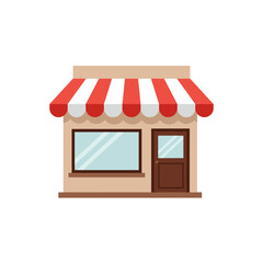 Storefront with awning icon in flat design style with red stripes  